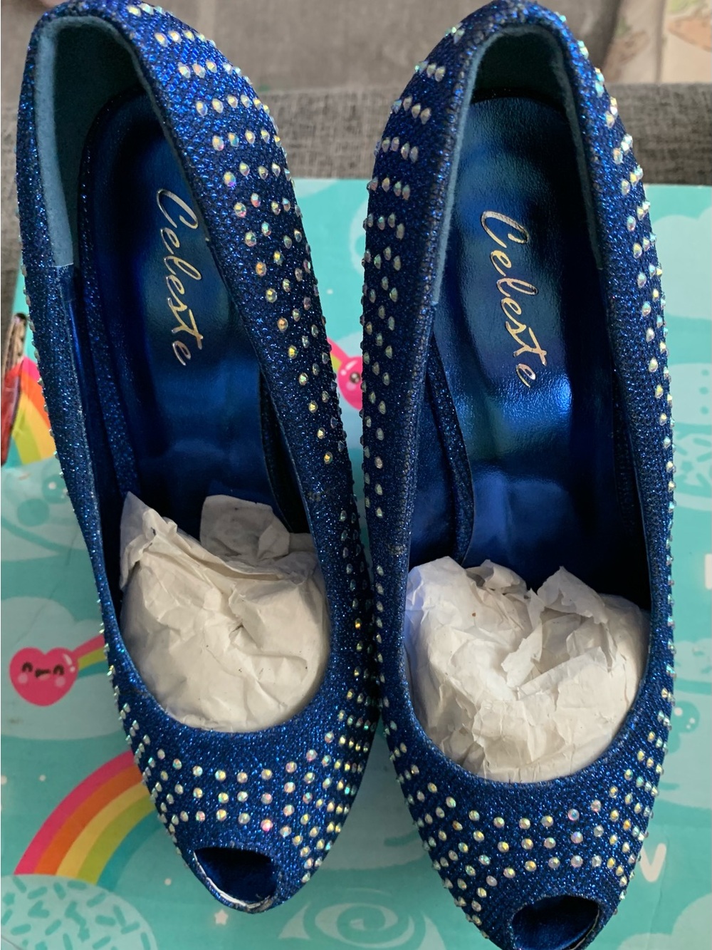 Celeste Royal Blue Glitter Peep-Toe Heels with Rhinestones